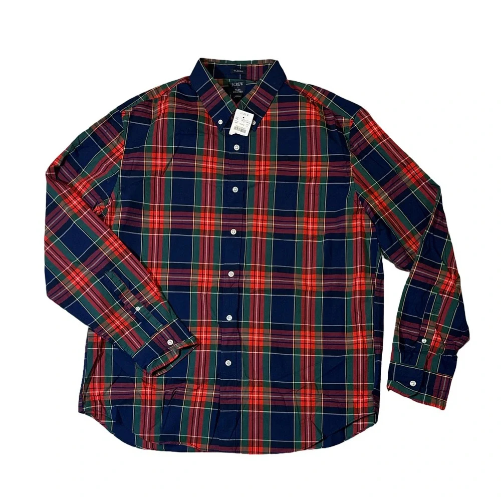 NEW J. Crew men XL classic fit red blue plaid flex washed oxford button up shirt